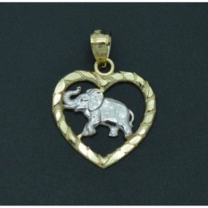 Real 10K Solid Yellow Gold Shiny Elephant Inside the Heart Pendant
